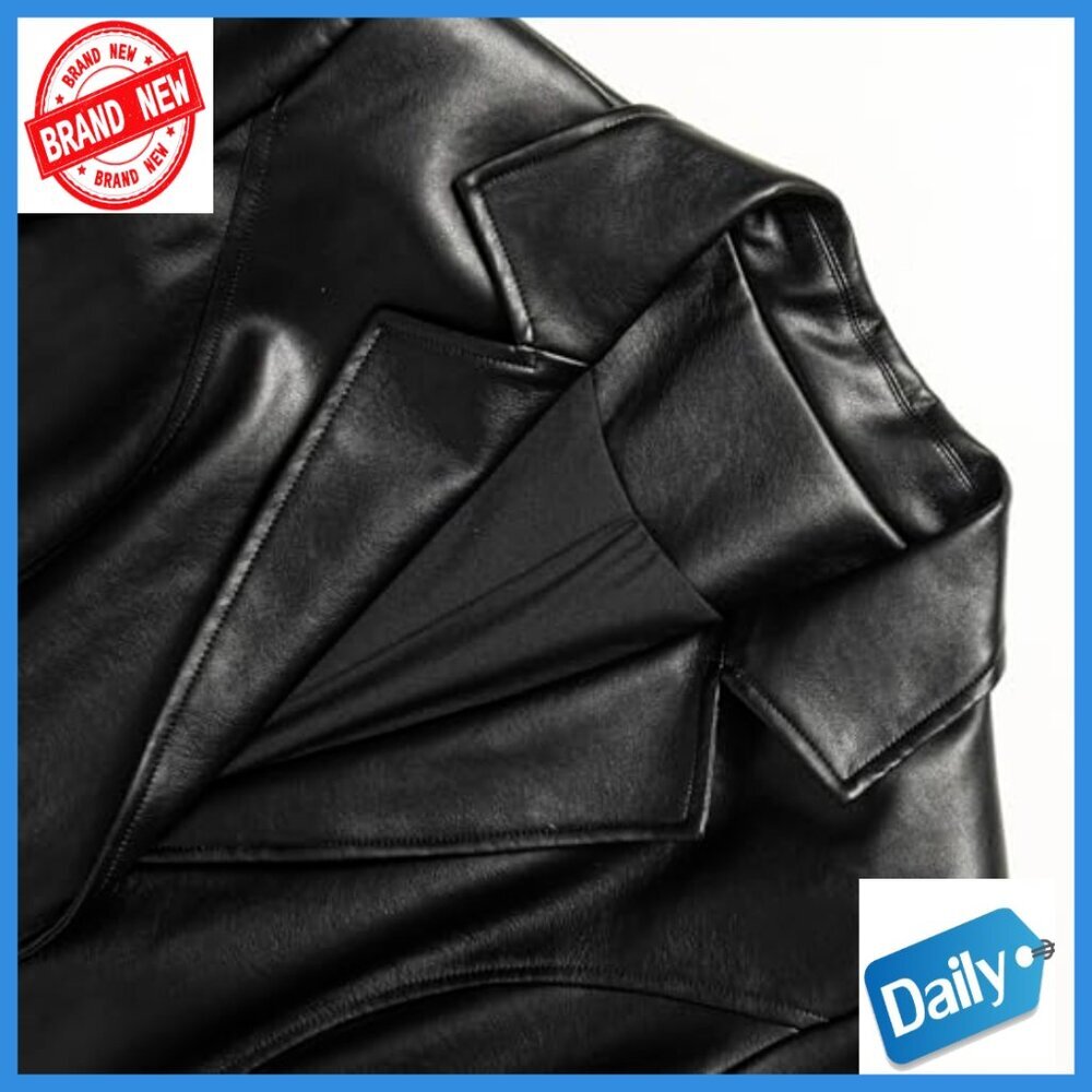 Long Faux Leather Trench Coat With Belt Motorcycle Biker Style Overcoat - Picture 2 of 7